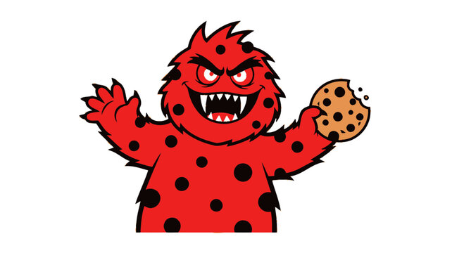 Furry Red Monster With Black Spots Holding a Bitten Cookie
