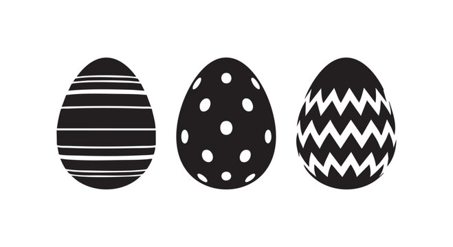 Three decorative easter eggs with different black and white patterns isolated as high quality graphic vector icons set.