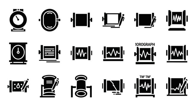 Audio waveform, music, and video icons, black vector graphics, sound and film symbols, 20 editable elements