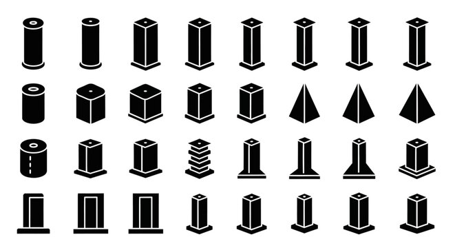 Industrial, 3D, cylinder, block, cone, icon set, 30 black and white geometric shapes