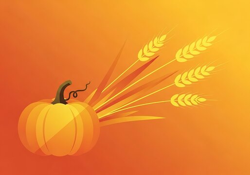 Bright Pumpkin with Wheat Sprouts Flying Across Gradient Orange Background