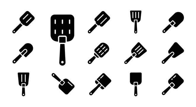Black spatula, grill, flipper, icons, kitchen tools, cooking utensils set, 16 silhouette graphics