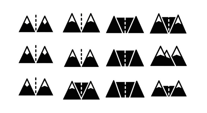 Mountain, triangle, peak, icon set, 16 black and white vector mountain icons