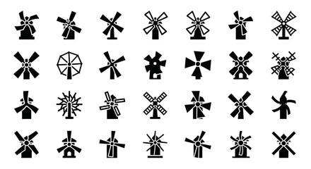 Windmill icons, black silhouette symbols, mill icons set, 25 wind turbine graphics © Steven