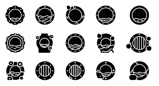 Diving helmet icons, scuba diving symbols, black and white vector graphics, 15 illustration set