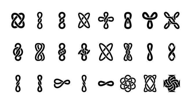 Knot, rope, cord, tie icons, 20 knotty designs, black line art, vector graphics
