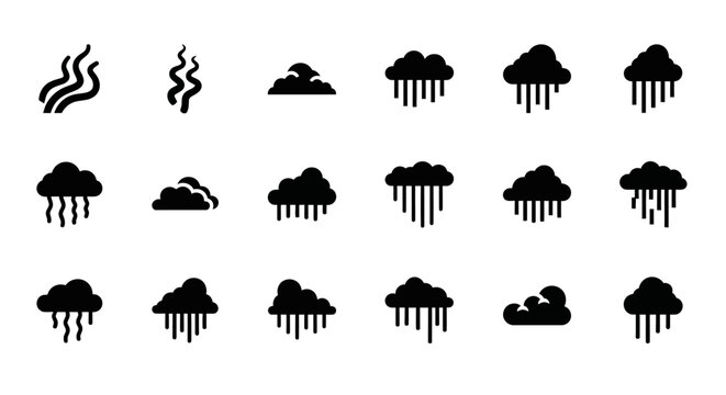 Weather icons, rain clouds, storm symbols, black vector graphics