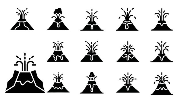 Volcano, volcanoes, eruption, black icons, vector set of 13