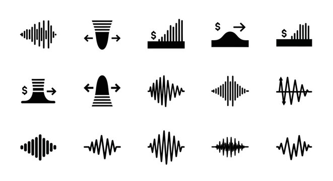 Sound wave, audio signal, music icons, vector sound effects, black and white graphics