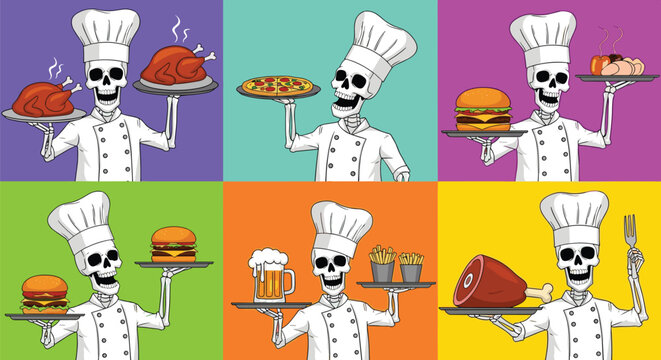 Six panel comic illustration of skeleton chefs in white uniforms serving different meals like pizza, burgers, and turkey.