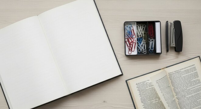 Open Notebooks and Office Supplies on a Desk.