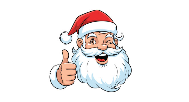 Close up illustration of a joyful winking Santa Claus with a white beard giving a thumbs up gesture against a white background.