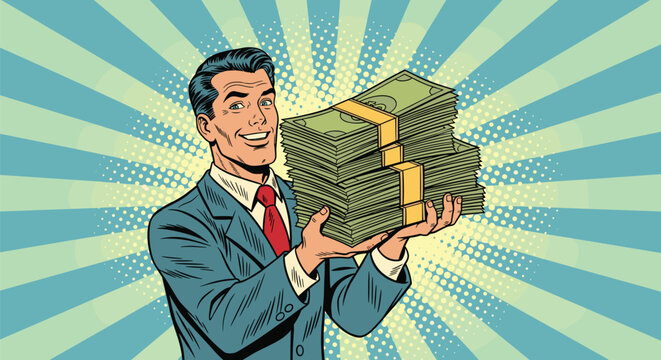 Happy businessman in a suit and red tie smiles broadly while holding a large, thick stack of cash tied with bands in a pop art style.