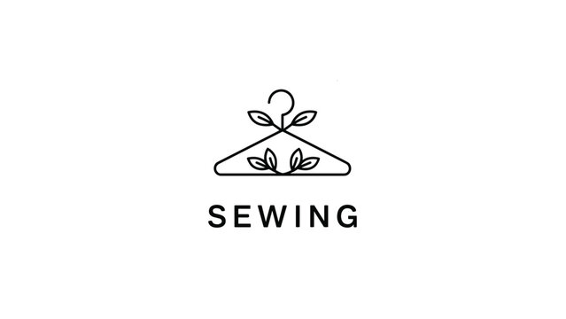 Minimalist line art icon for sewing featuring a clothes hanger decorated with four leaves symbolising eco-friendly and sustainable fashion.