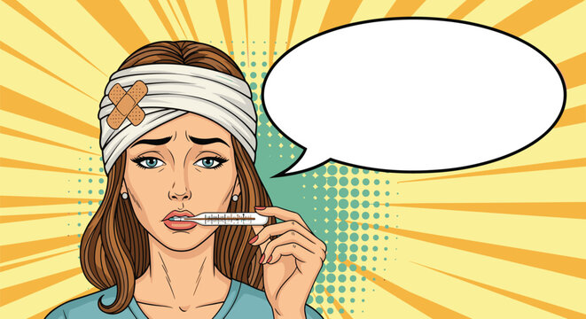 Sick woman with a bandaged head holds a thermometer in her mouth next to an empty speech bubble for medical advice.
