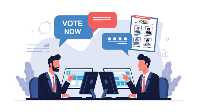 Professional men working at computer desks with electronic voting interface and speech bubbles for political elections.