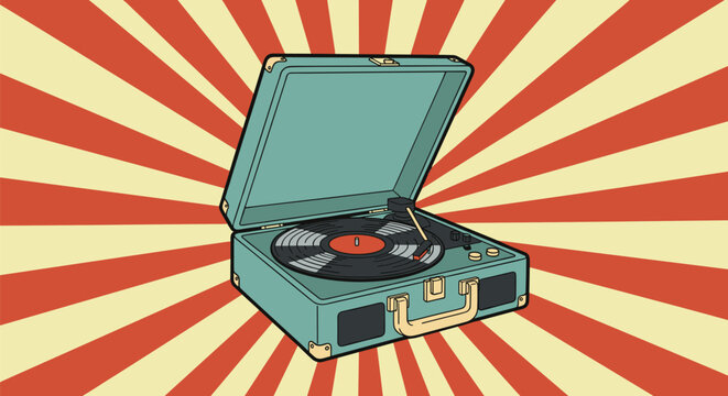 Retro record player housed in a teal suitcase sits open against a vibrant red and cream sunburst background with a vinyl spinning.