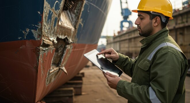 Ship inspection worker examines damages on vessel hull using tablet device