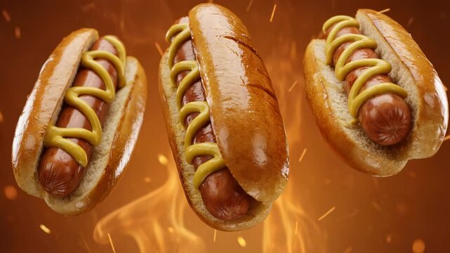 Fresh American hot dogs with mustard floating in the air, orange background, dynamic motion, glossy buns, 4K video