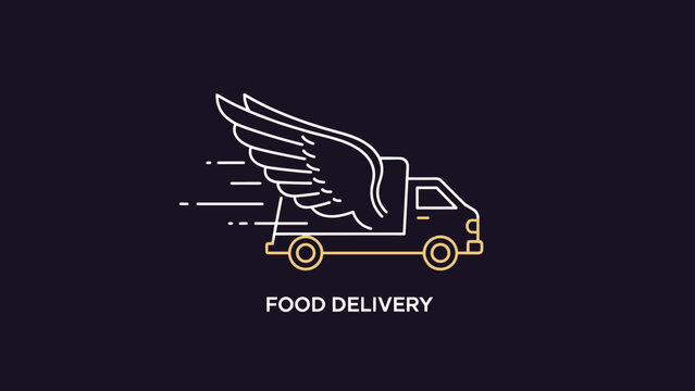 Sleek line art logo for a food delivery service featuring a fast moving truck with large wings on a dark background.