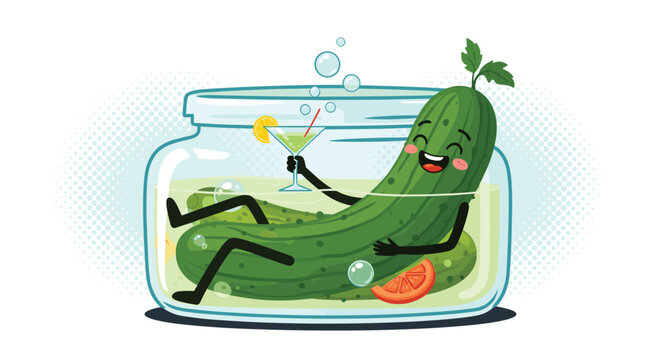 Humorous cartoon pickle character relaxing in a glass jar of brine while holding a green cocktail for a fun food themed illustration.