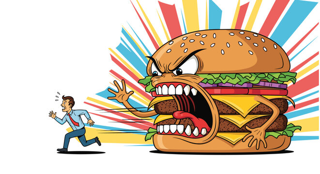 Humorous satirical illustration of a small businessman running away from a giant monster cheeseburger with sharp teeth and arms.