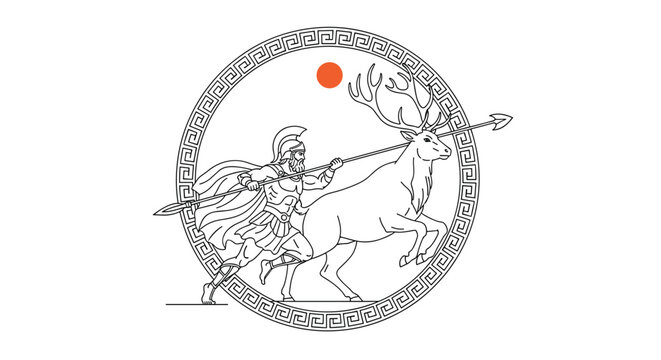 Elegant line art of an ancient Greek warrior with a spear chasing a stag within a circular frame with traditional geometric motifs.