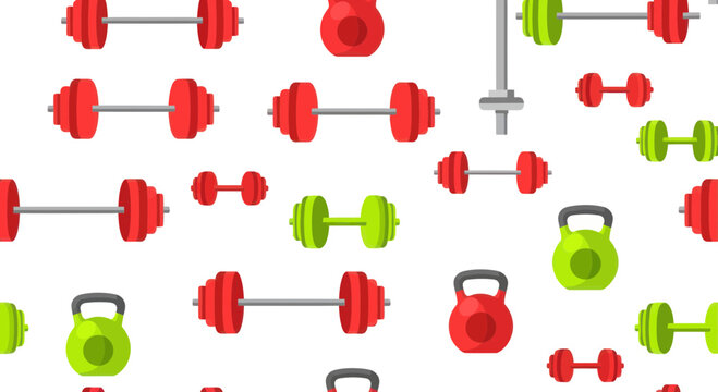 Fitness Equipment Pattern: Dumbbells, Barbells, Kettlebells - White Background