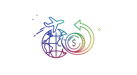 Fototapeta premium Global Travel Finance Concept: Airplane, Earth, Coin with Dollar Sign, and Circular Arrow