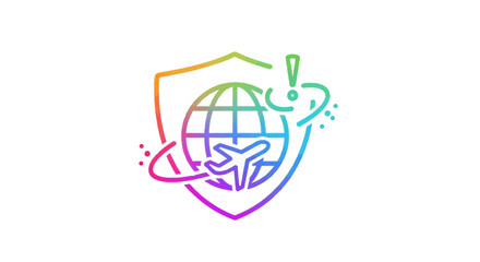 Naklejka premium Global Travel Protection Shield with Airplane and Globe Icon, Rainbow Gradient