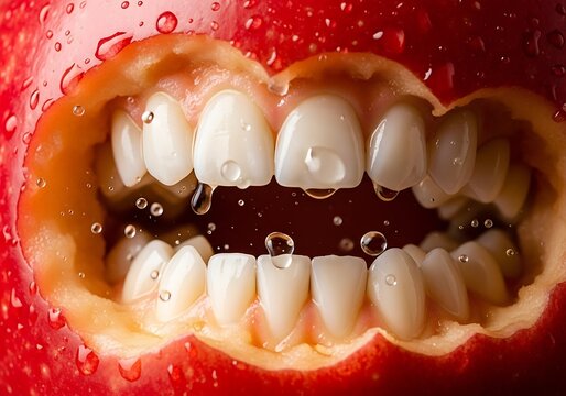 Close Up Fresh Red Apple Bite and Teeth with Droplets