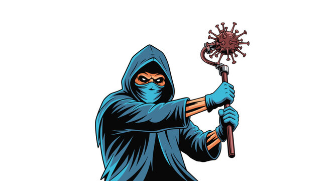 Menacing figure in a blue cloak and mask holding a spiked mace shaped like a virus to represent a personification of a viral disease.