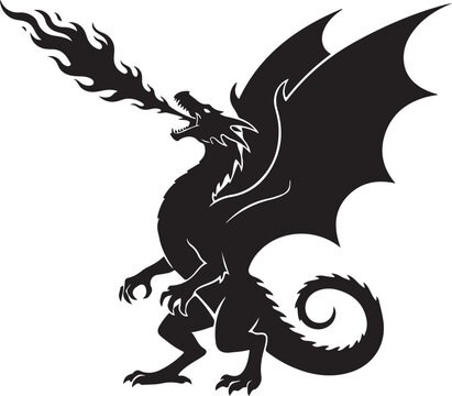 Black Silhouette of a Fire Breathing Dragon Isolated on White Background