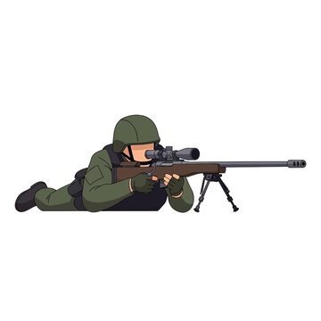 Soldier aiming sniper rifle, tactical gear, lying prone, military action, precision shot