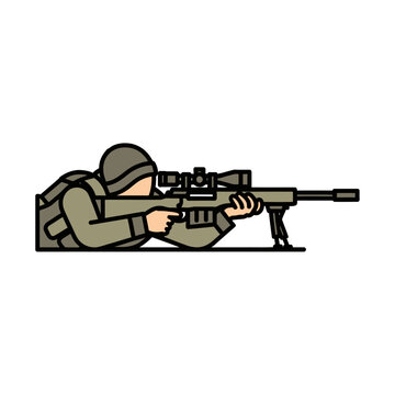Soldier Sniper Aiming Rifle Scope, Military Action Silhouette, Isolated on White
