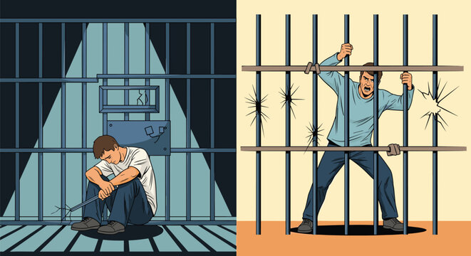 Two-part illustration of a man in prison showing him sitting sadly in his cell and desperately trying to break the steel bars.