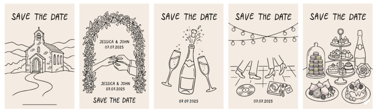 Wedding Save the Date Invitation Card Set with Hand Drawn Church Champagne and Floral Arch Line Art