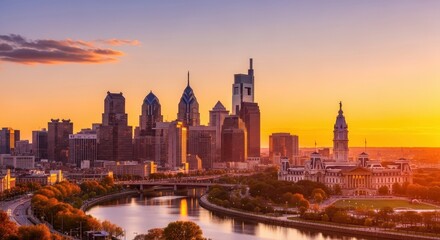 Fototapeta premium Philadelphia Skyline at Sunset with River and Buildings.