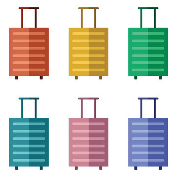 Flat travel luggage set in six vibrant colors, suitcase icons for tourism, vacation and transport themes.