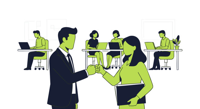 Two diverse business professionals sharing a fist bump in a collaborative office vector graphic design.