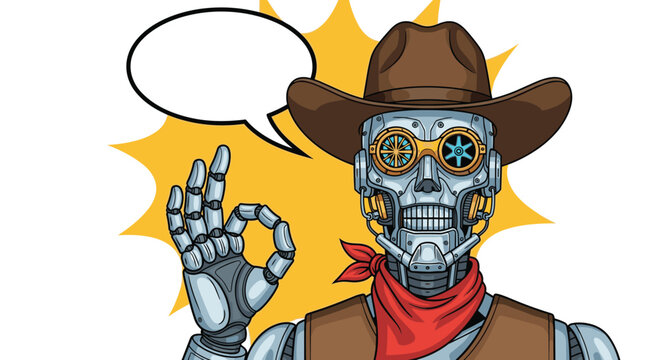 Futuristic robot cowboy character wearing a hat and bandana making an okay hand gesture with a blank speech bubble for custom messages.