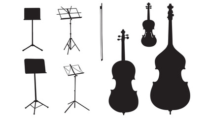 Silhouette set of musical instruments icons including upright piano, violins, and stage stands on white background © Harry 