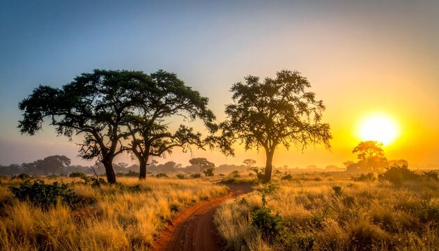 サバンナ 夕景 アカシア 一本道 赤土 轍 黄金色 地平線 静寂 郷愁 生命 躍動 旅路 畏敬 展望 孤独 共生 輪郭 陰影 芳醇