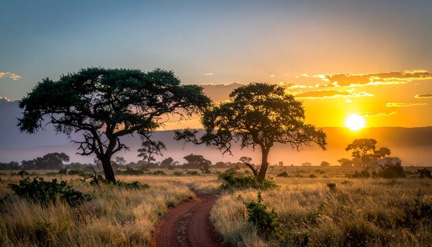 サバンナ 夕景 アカシア 一本道 赤土 轍 黄金色 地平線 静寂 郷愁 生命 躍動 旅路 畏敬 展望 孤独 共生 輪郭 陰影 芳醇