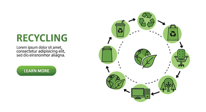 A clear and concise vector illustration depicting the circular process of recycling various items including cups, bags, office chairs, trees, computers, and globes, promoting environmental sustainabil