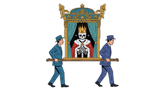 Two men in blue suits carrying a golden ornate palanquin which holds a skeleton wearing a crown and a royal robe with the letters AI.