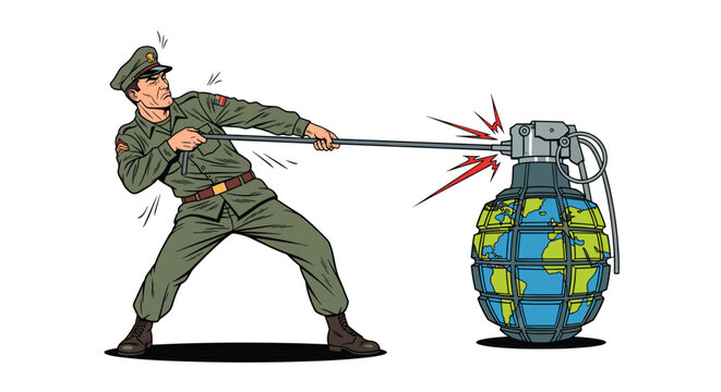 Determined soldier in uniform pulling a pin from a large hand grenade that has been designed to look like the planet earth globe.