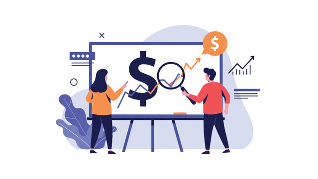 Man and woman analysts studying a whiteboard with a large dollar sign and financial charts to plan market investment strategies.