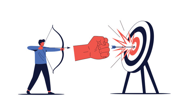 Archer shooting arrow that is stopped by giant red fist before hitting target representing blocked goals and business competition.