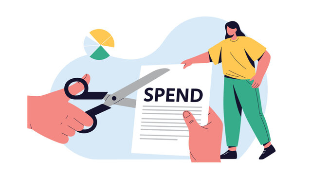 Large hand using scissors to cut through paper with word spend while woman looks on representing budget control and saving.